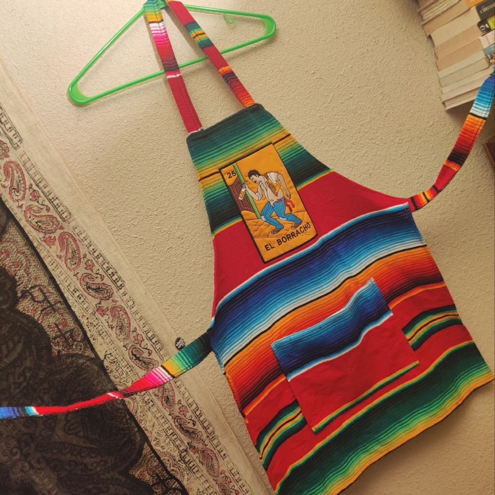 NWOT Sarape apron with Loteria card decor, large pocket.